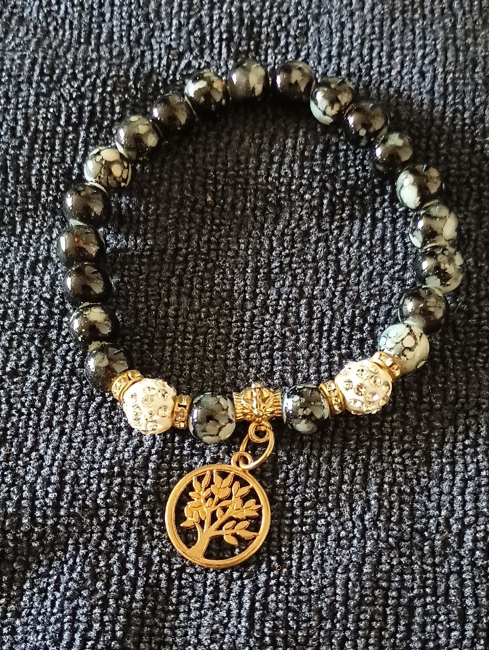 Gold Tree of Life Charm Black Snowflake Bead Stretch Bracelet